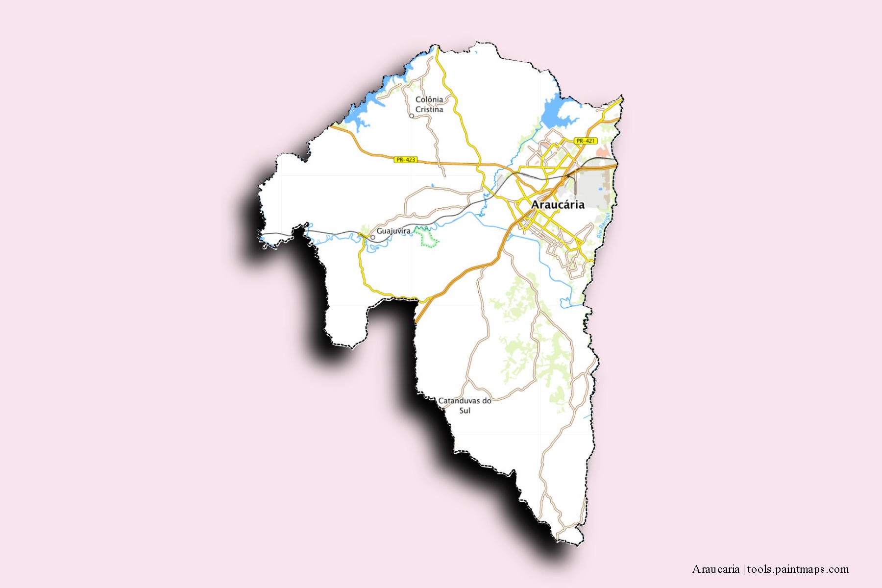 Araucaria neighborhoods and villages map with 3D shadow effect