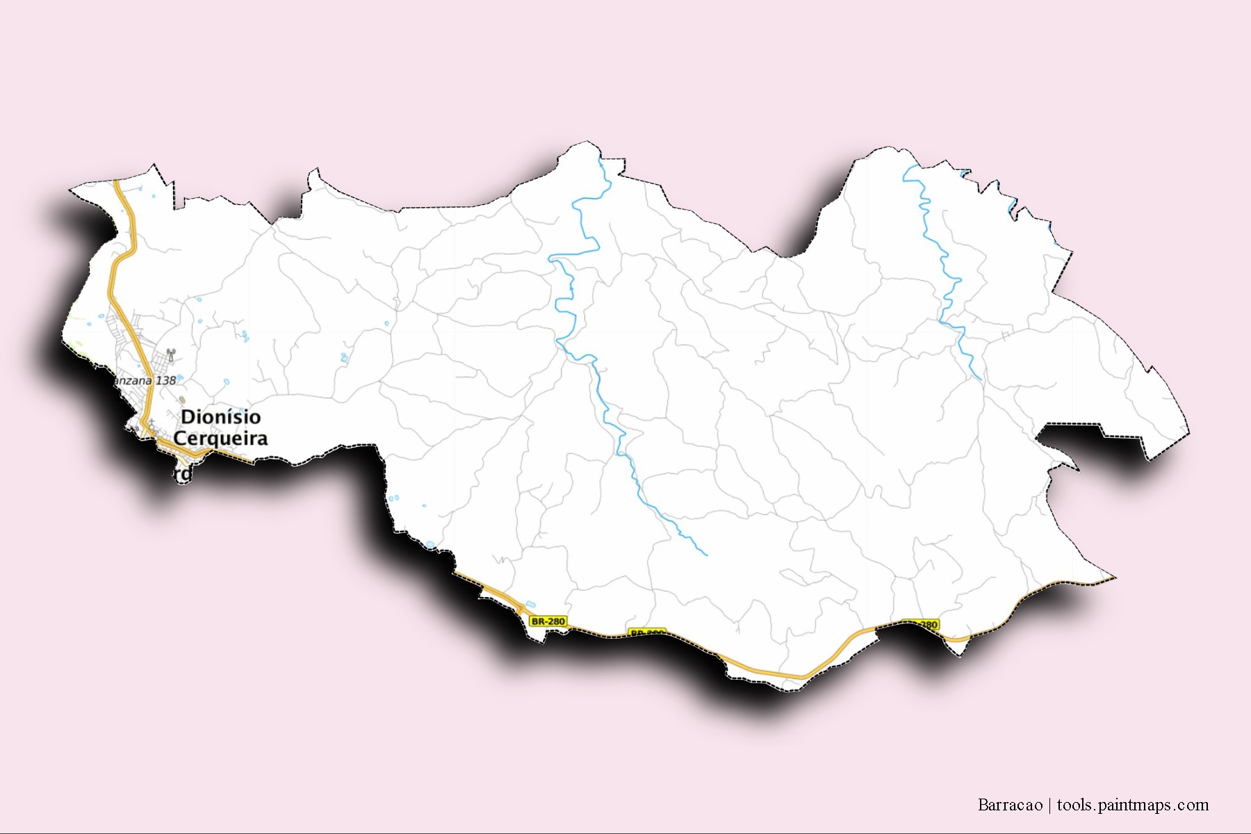 Barracao neighborhoods and villages map with 3D shadow effect