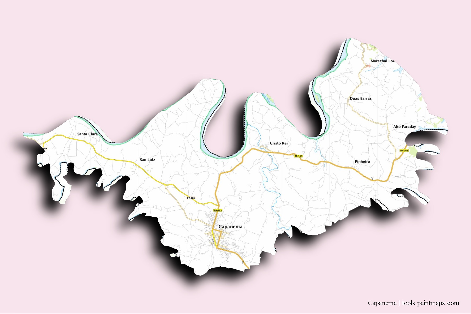 Capanema neighborhoods and villages map with 3D shadow effect