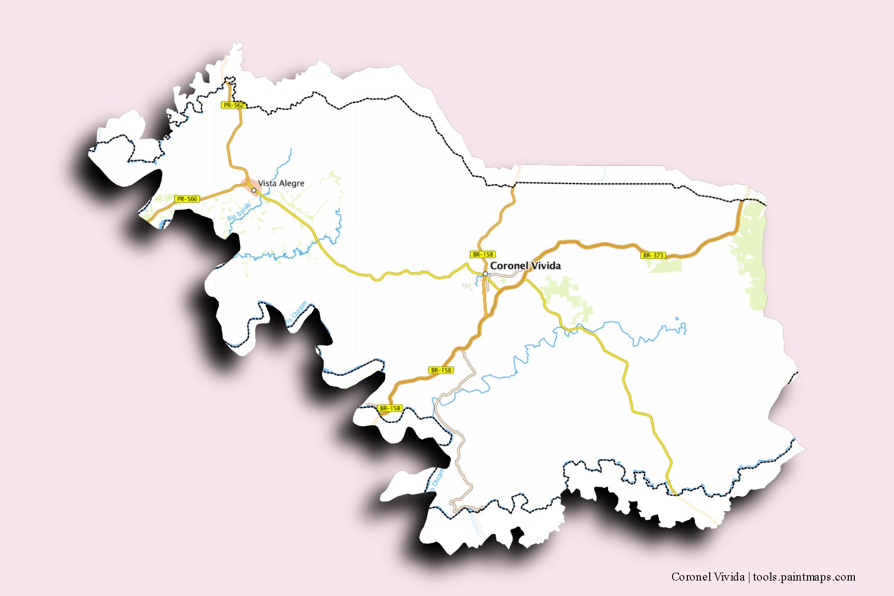 Coronel Vivida neighborhoods and villages map with 3D shadow effect