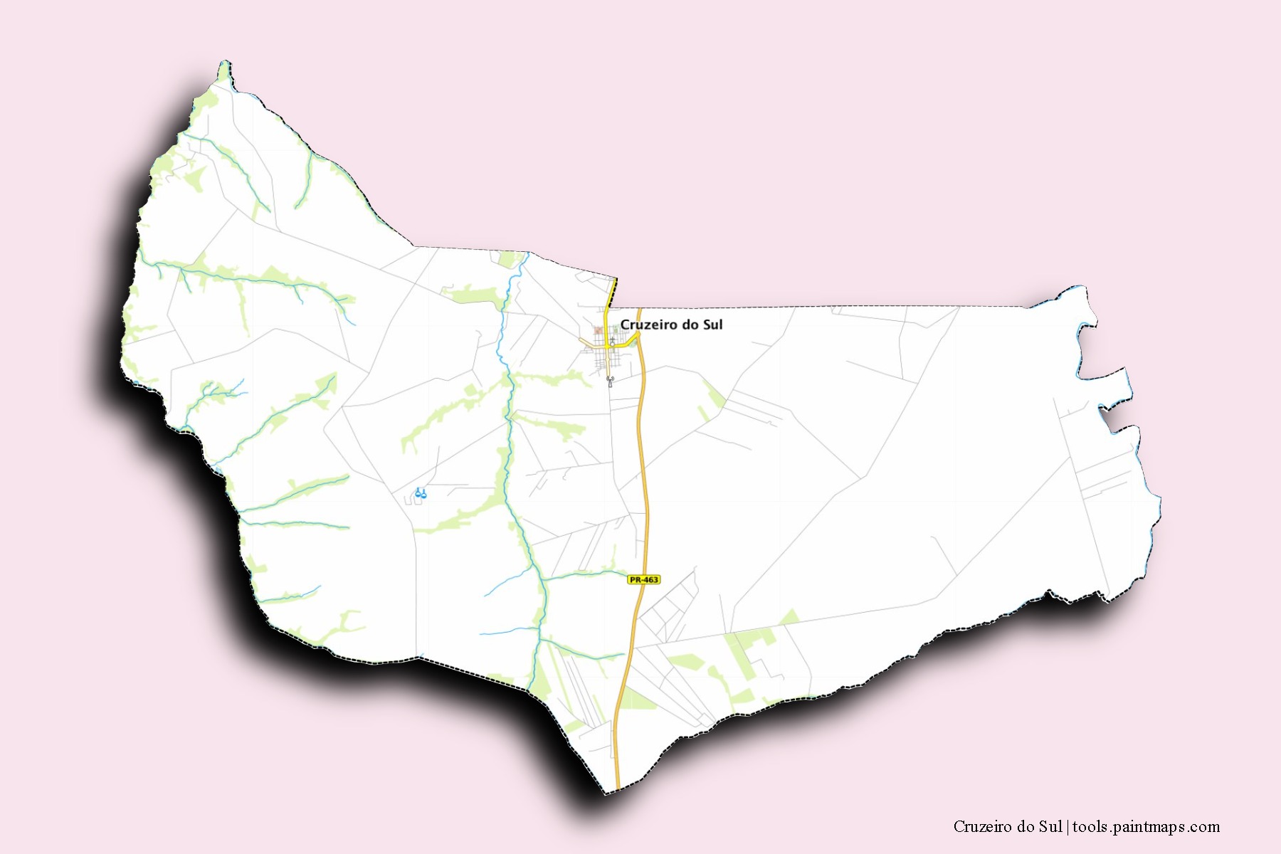 Mapa de barrios y pueblos de Cruzeiro do Sul con efecto de sombra 3D