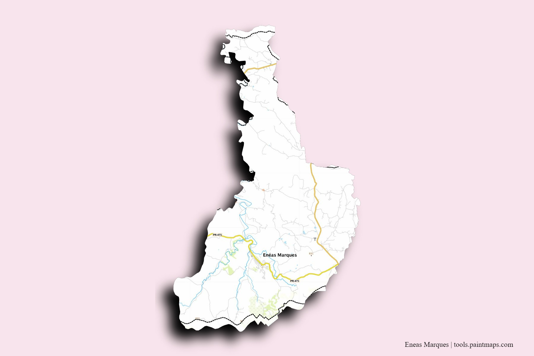 Mapa de barrios y pueblos de Eneas Marques con efecto de sombra 3D