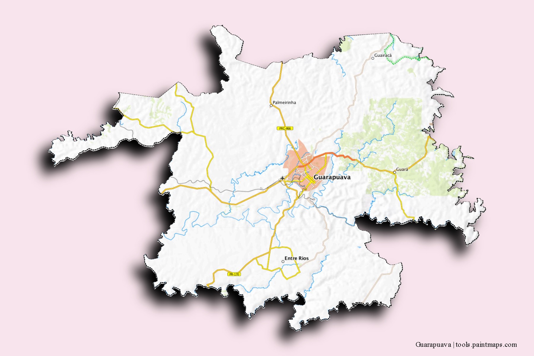 Guarapuava neighborhoods and villages map with 3D shadow effect