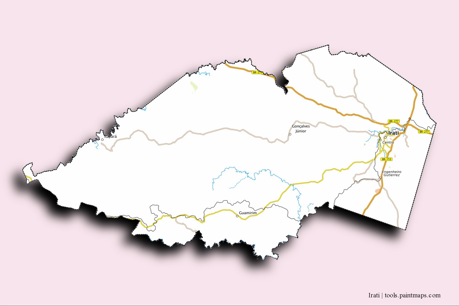 Irati neighborhoods and villages map with 3D shadow effect