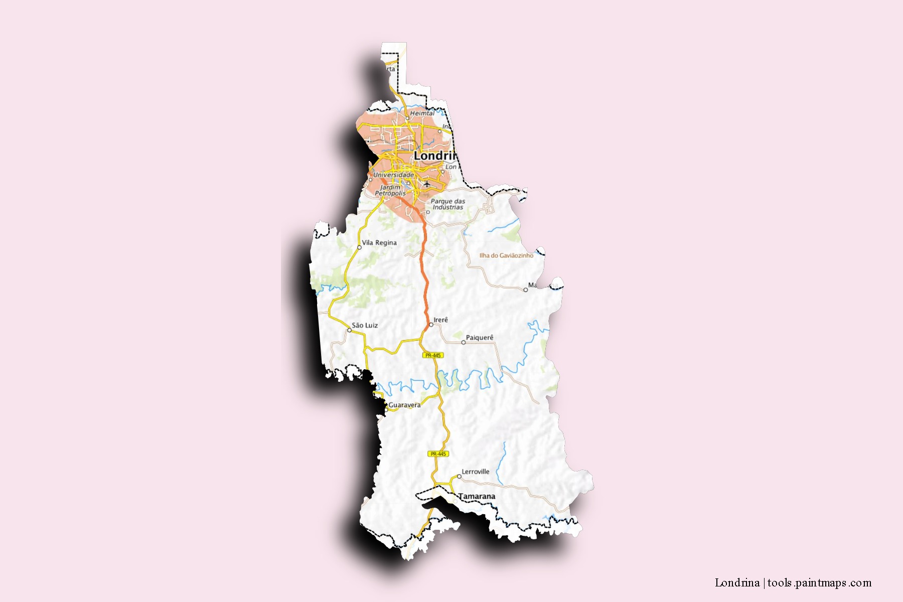 Mapa de barrios y pueblos de Londrina con efecto de sombra 3D