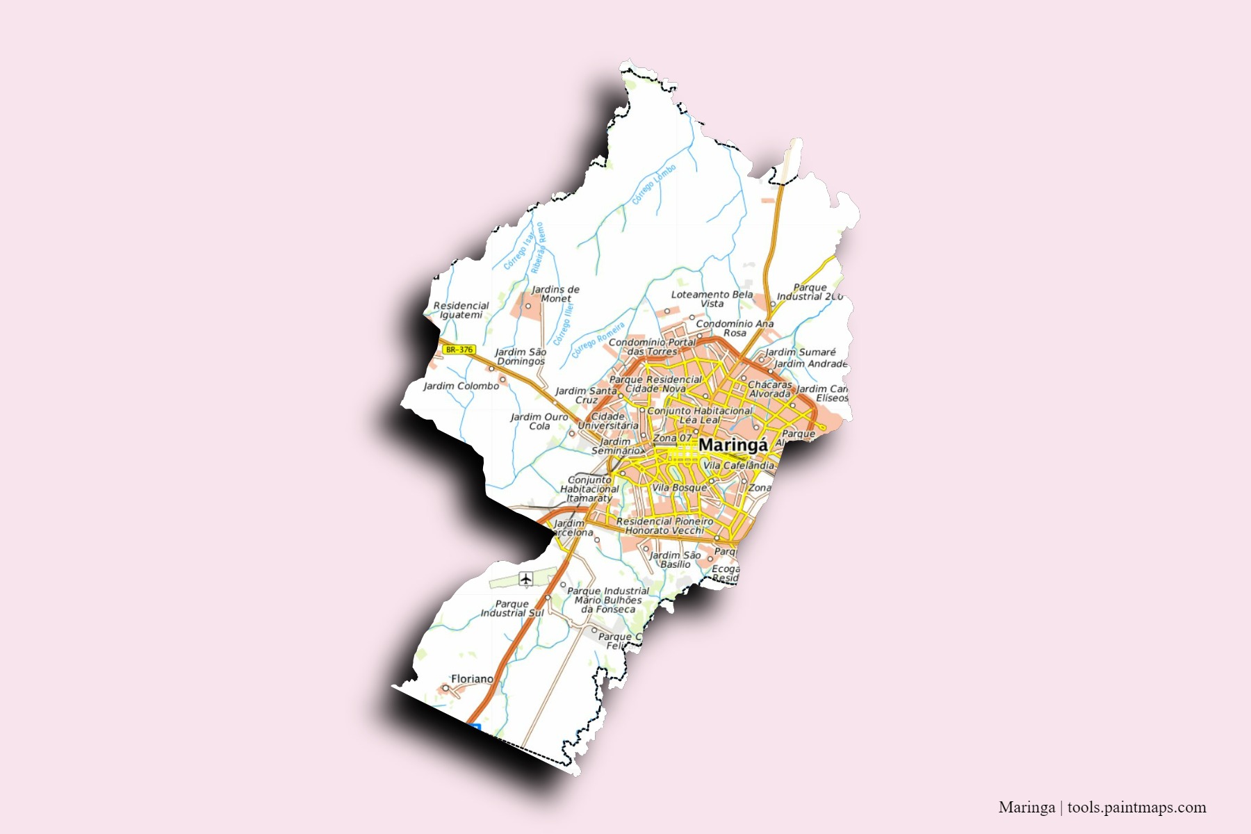 Maringa neighborhoods and villages map with 3D shadow effect