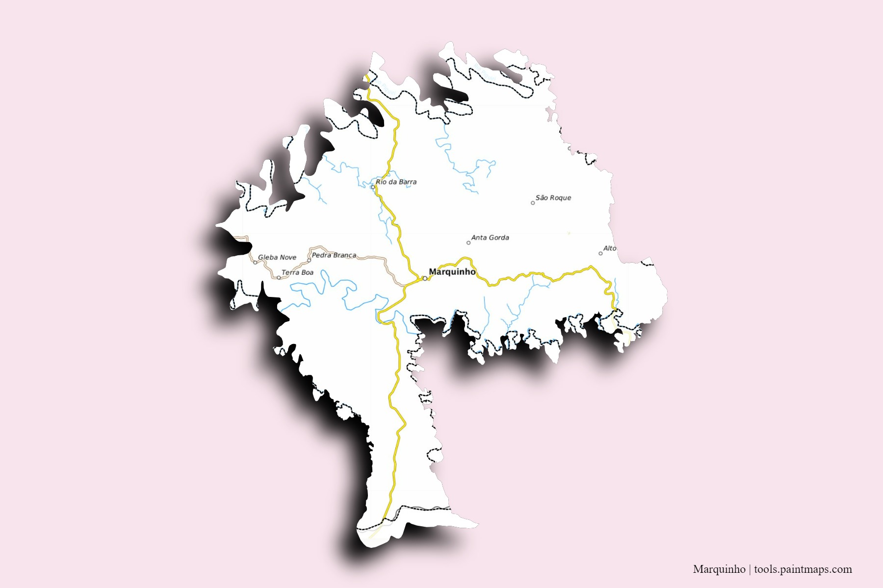 Mapa de barrios y pueblos de Marquinho con efecto de sombra 3D