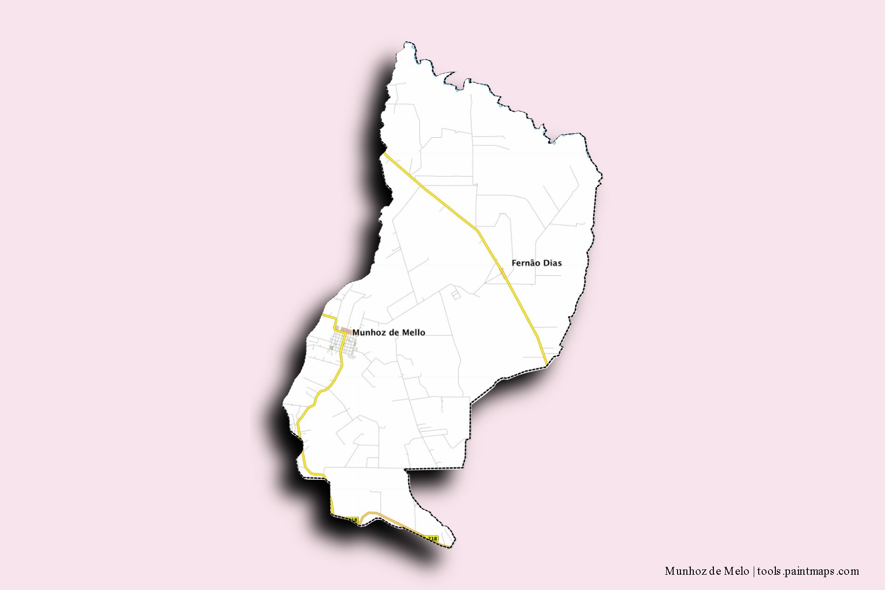 Mapa de barrios y pueblos de Munhoz de Melo con efecto de sombra 3D