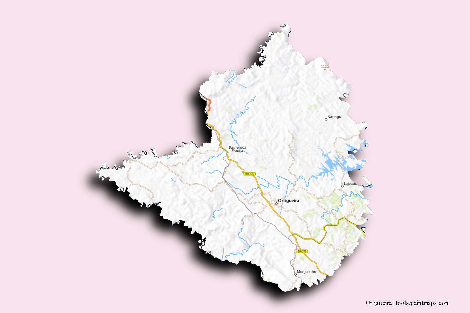 Mapa de barrios y pueblos de Ortigueira con efecto de sombra 3D