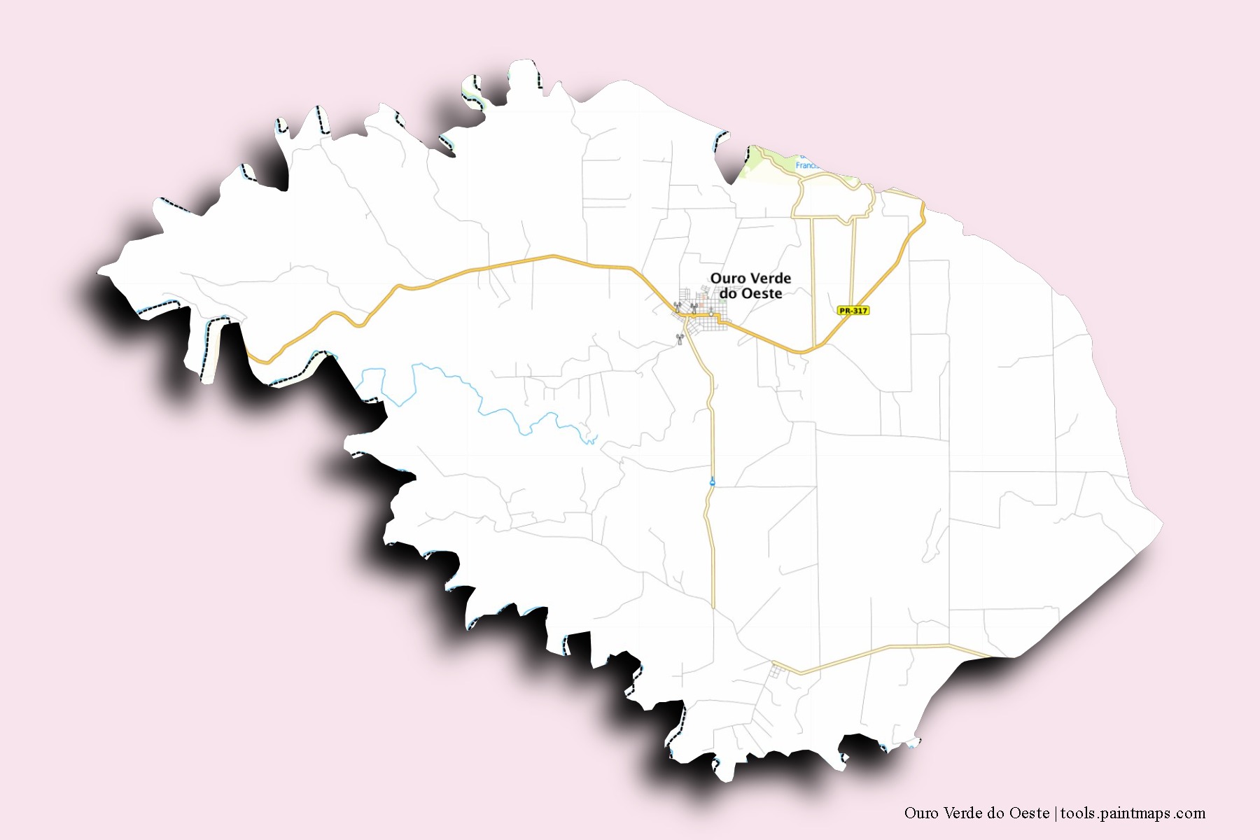 Mapa de barrios y pueblos de Ouro Verde do Oeste con efecto de sombra 3D