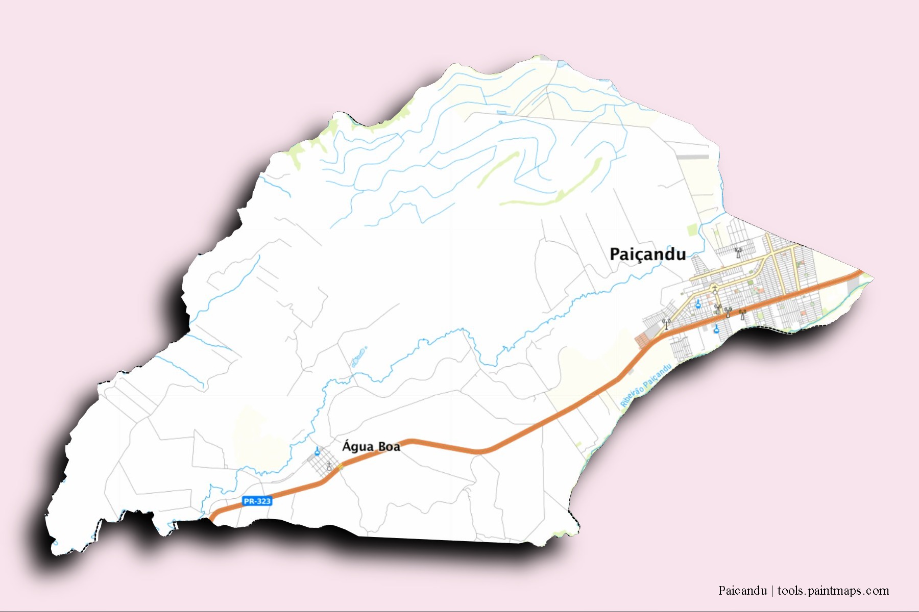 Paicandu neighborhoods and villages map with 3D shadow effect