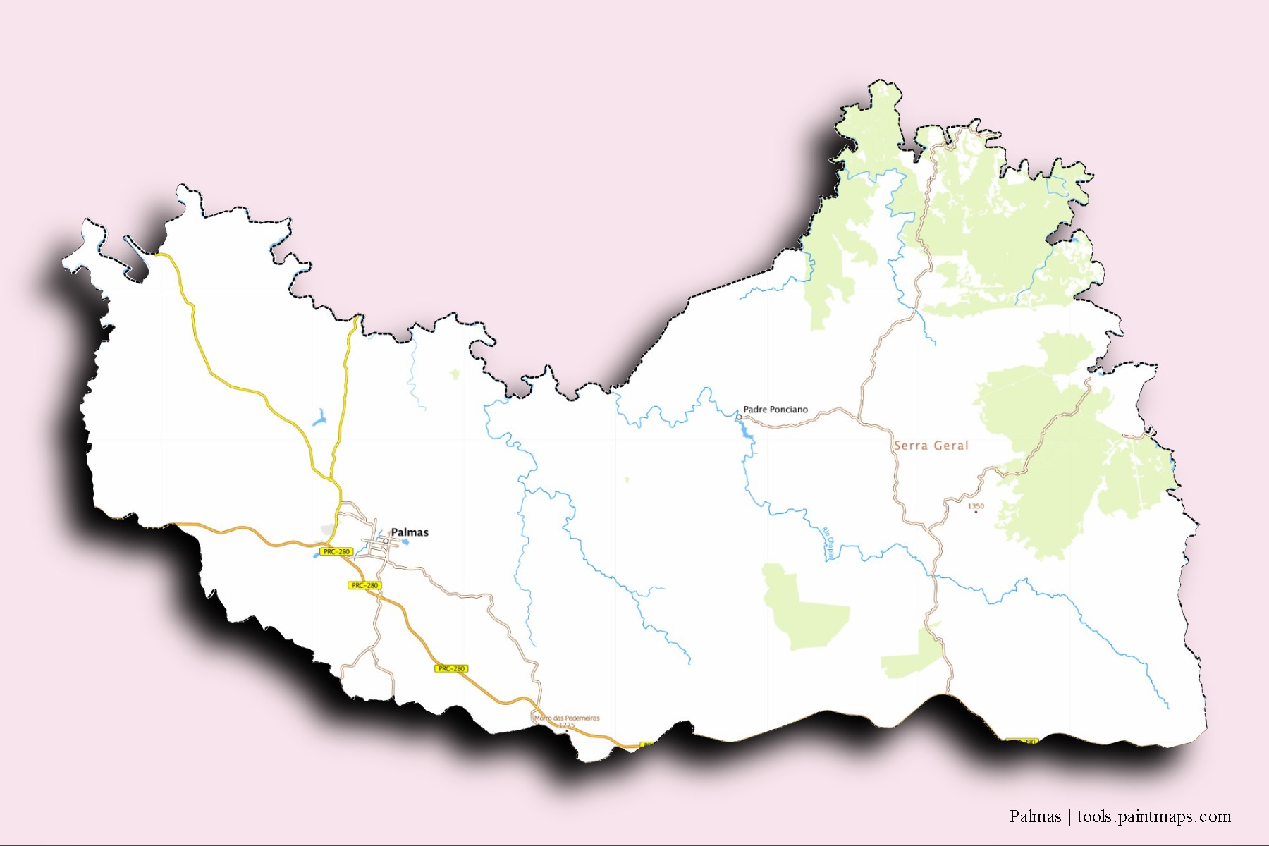 Palmas neighborhoods and villages map with 3D shadow effect