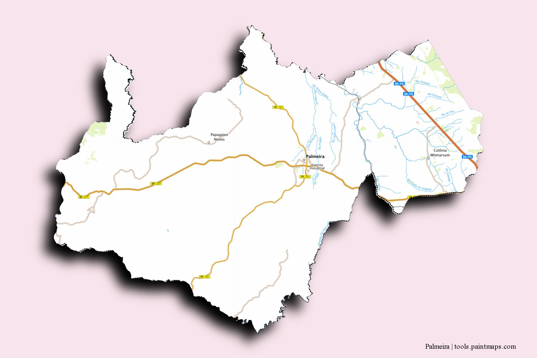 Palmeira neighborhoods and villages map with 3D shadow effect