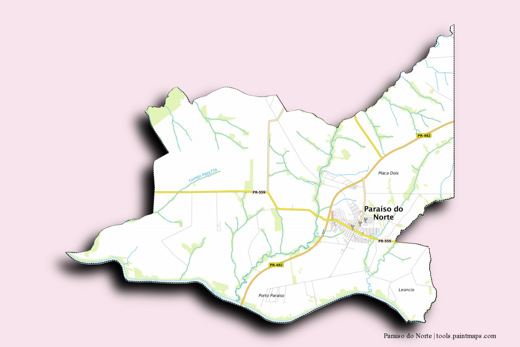 Mapa de barrios y pueblos de Paraiso do Norte con efecto de sombra 3D