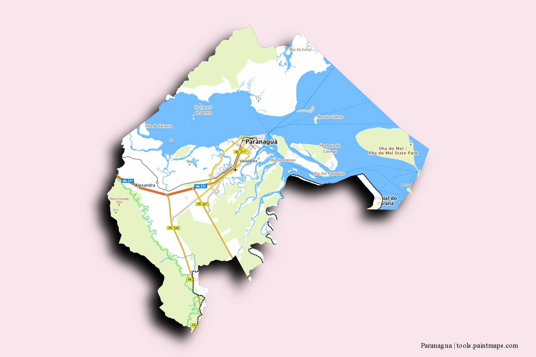 Paranagua neighborhoods and villages map with 3D shadow effect