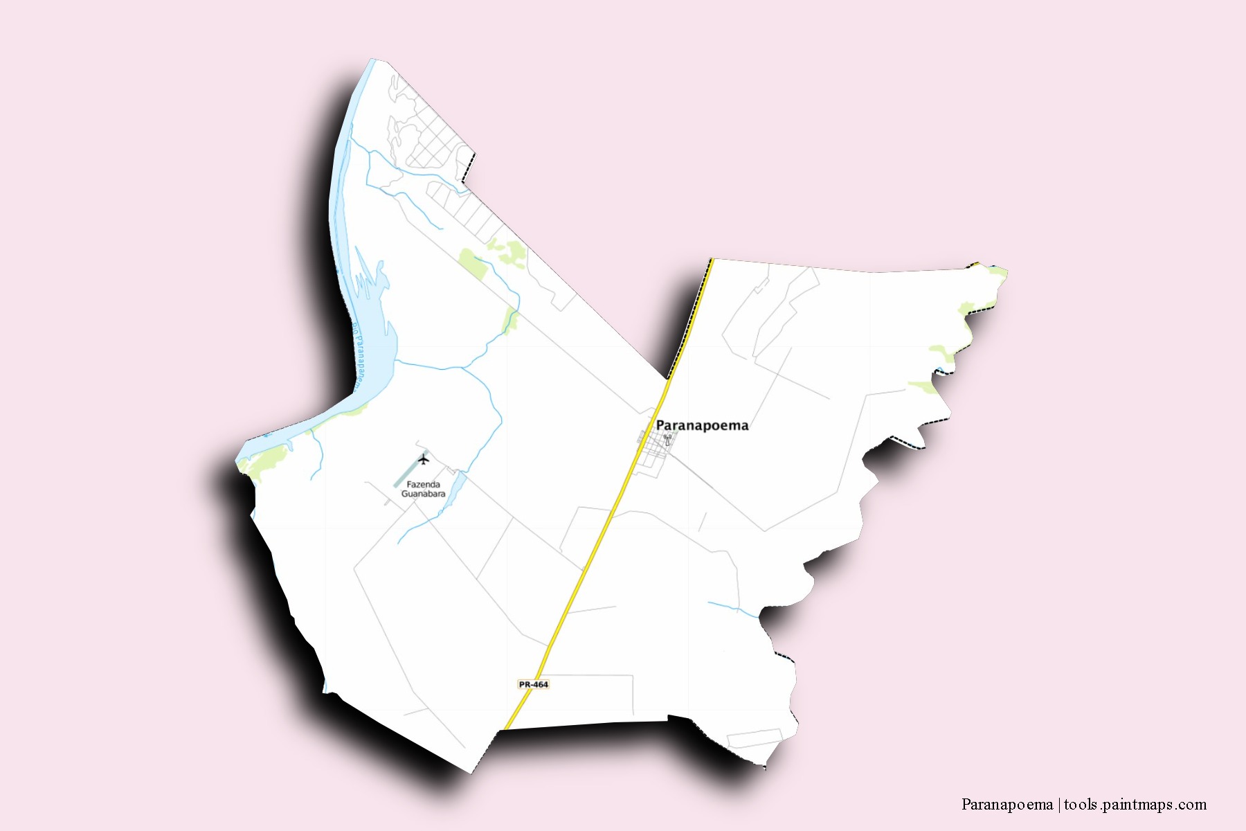 Mapa de barrios y pueblos de Paranapoema con efecto de sombra 3D