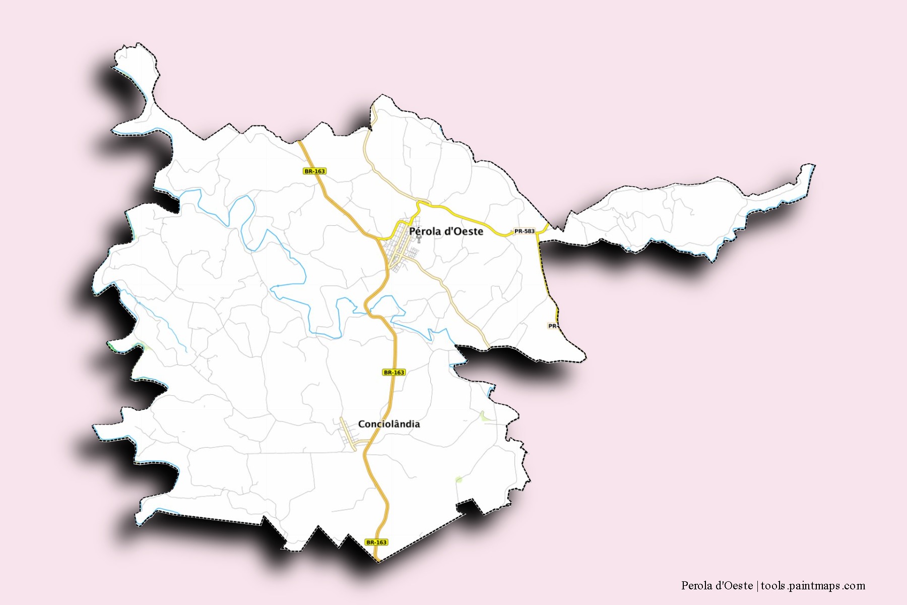 Perola d'Oeste neighborhoods and villages map with 3D shadow effect