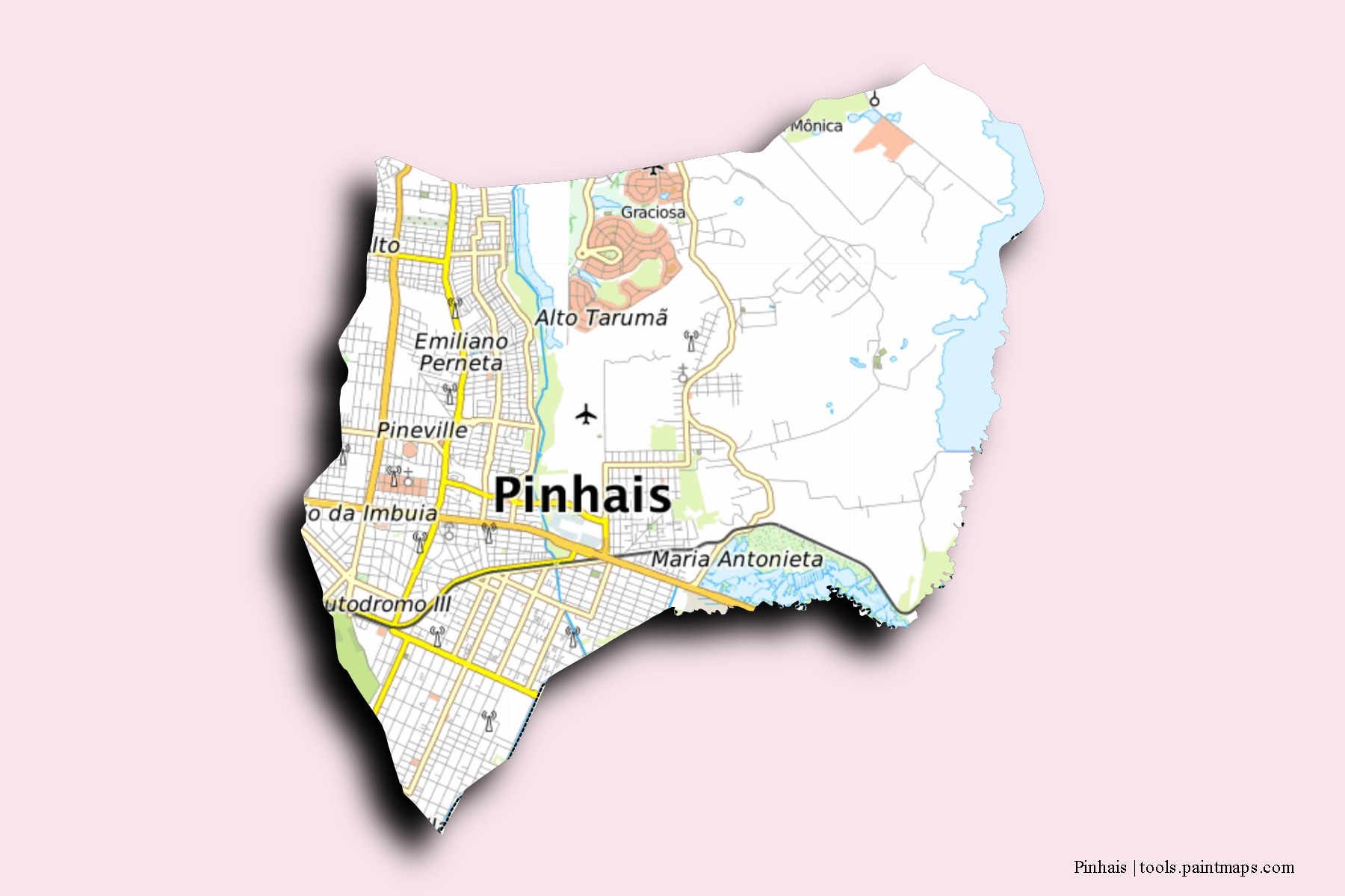 Pinhais neighborhoods and villages map with 3D shadow effect