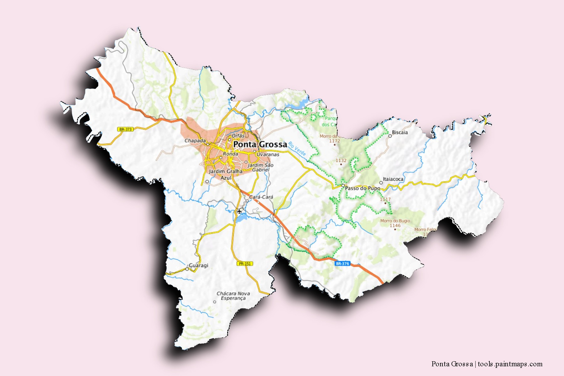 Ponta Grossa neighborhoods and villages map with 3D shadow effect