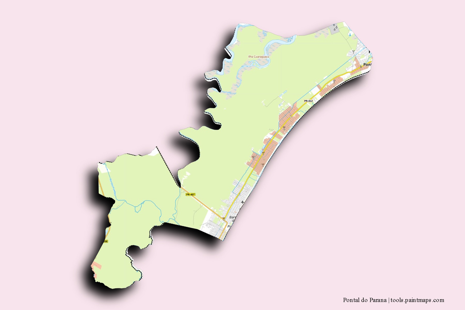 Mapa de barrios y pueblos de Pontal do Parana con efecto de sombra 3D