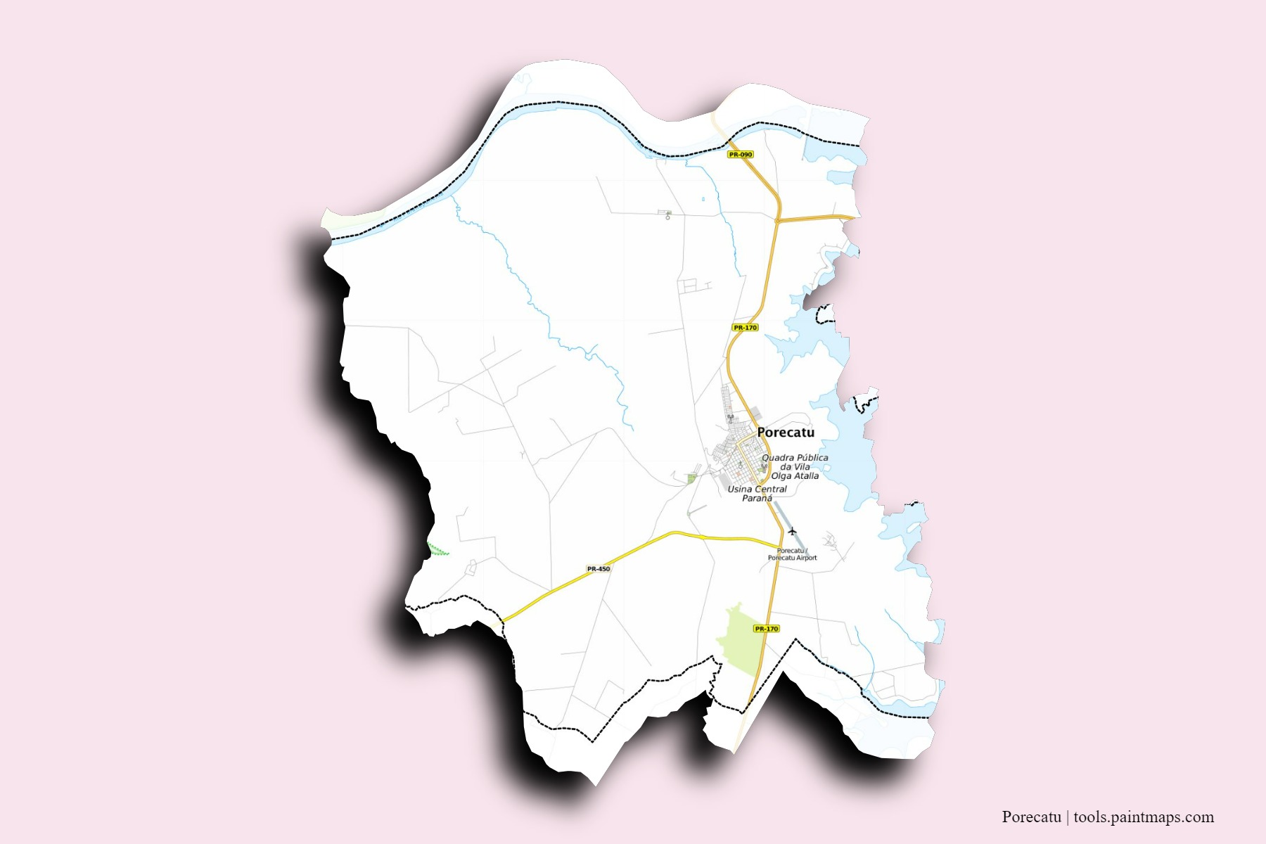 Porecatu neighborhoods and villages map with 3D shadow effect