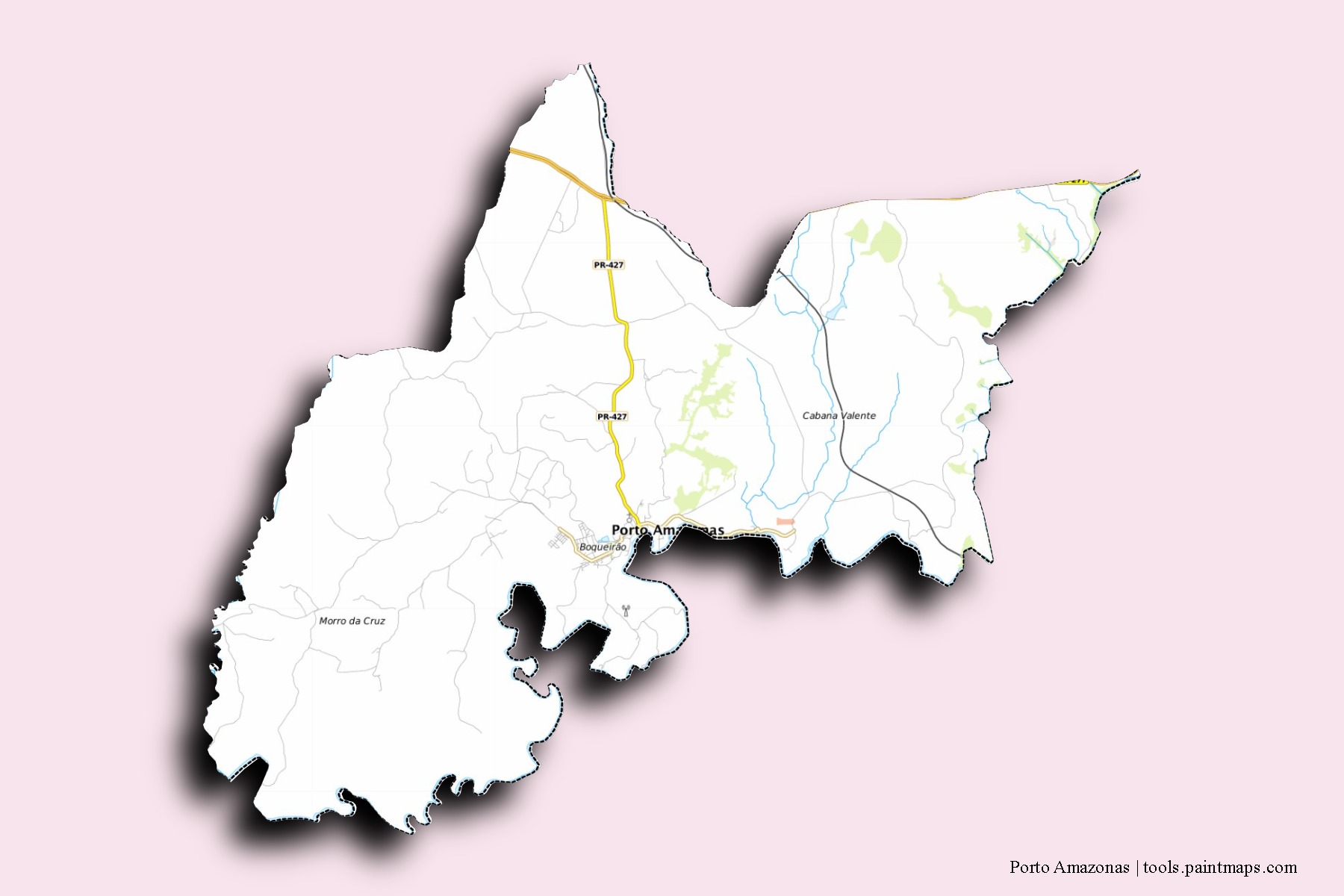 Porto Amazonas neighborhoods and villages map with 3D shadow effect