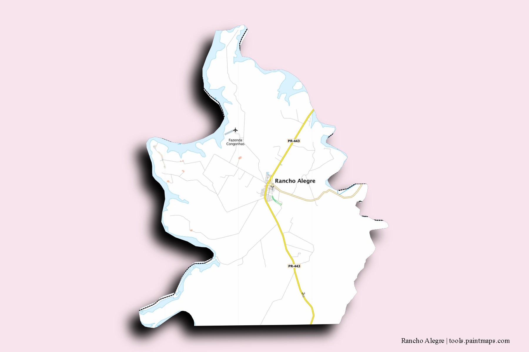 Rancho Alegre neighborhoods and villages map with 3D shadow effect