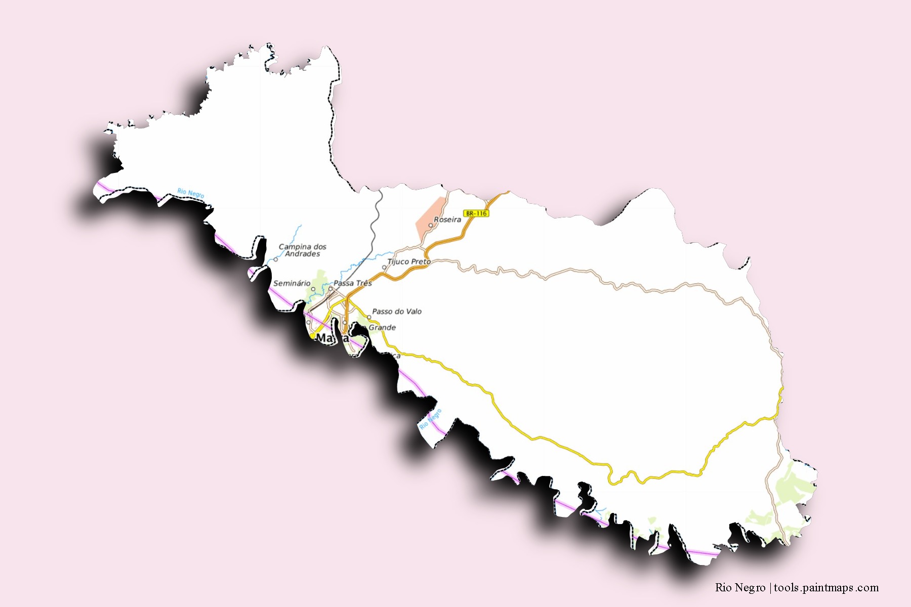 Mapa de barrios y pueblos de Rio Negro con efecto de sombra 3D