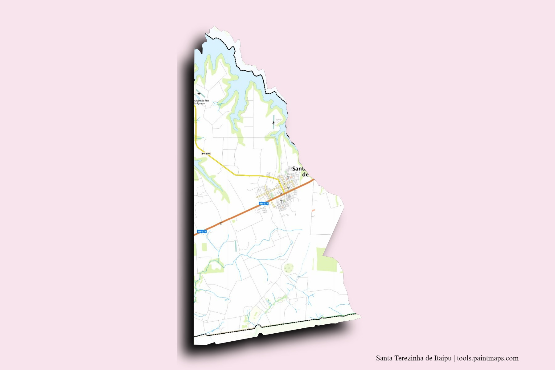 Mapa de barrios y pueblos de Santa Terezinha de Itaipu con efecto de sombra 3D
