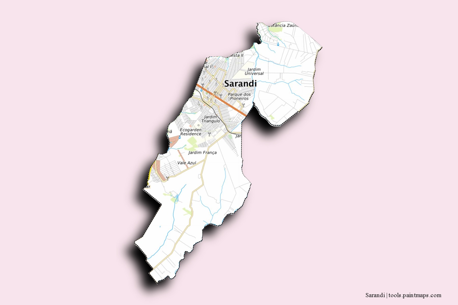 Mapa de barrios y pueblos de Sarandi con efecto de sombra 3D