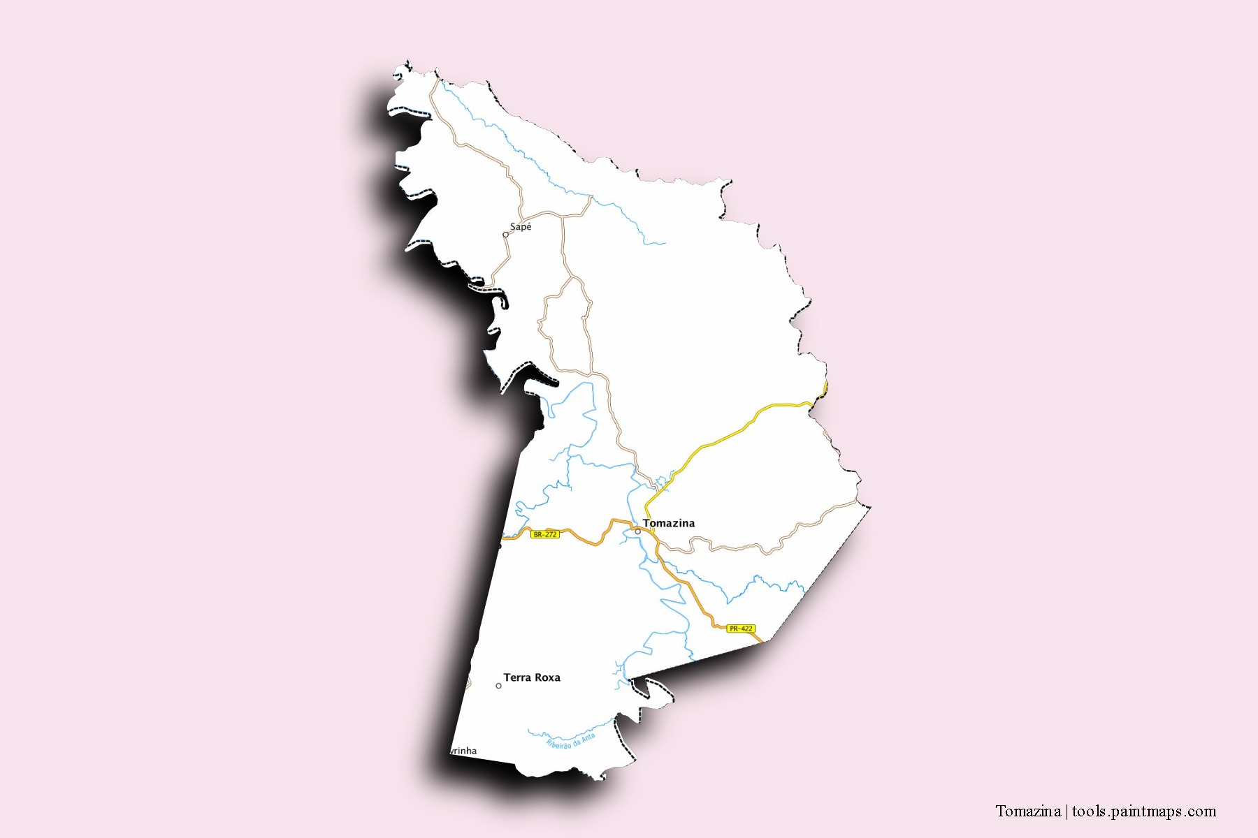 Mapa de barrios y pueblos de Tomazina con efecto de sombra 3D