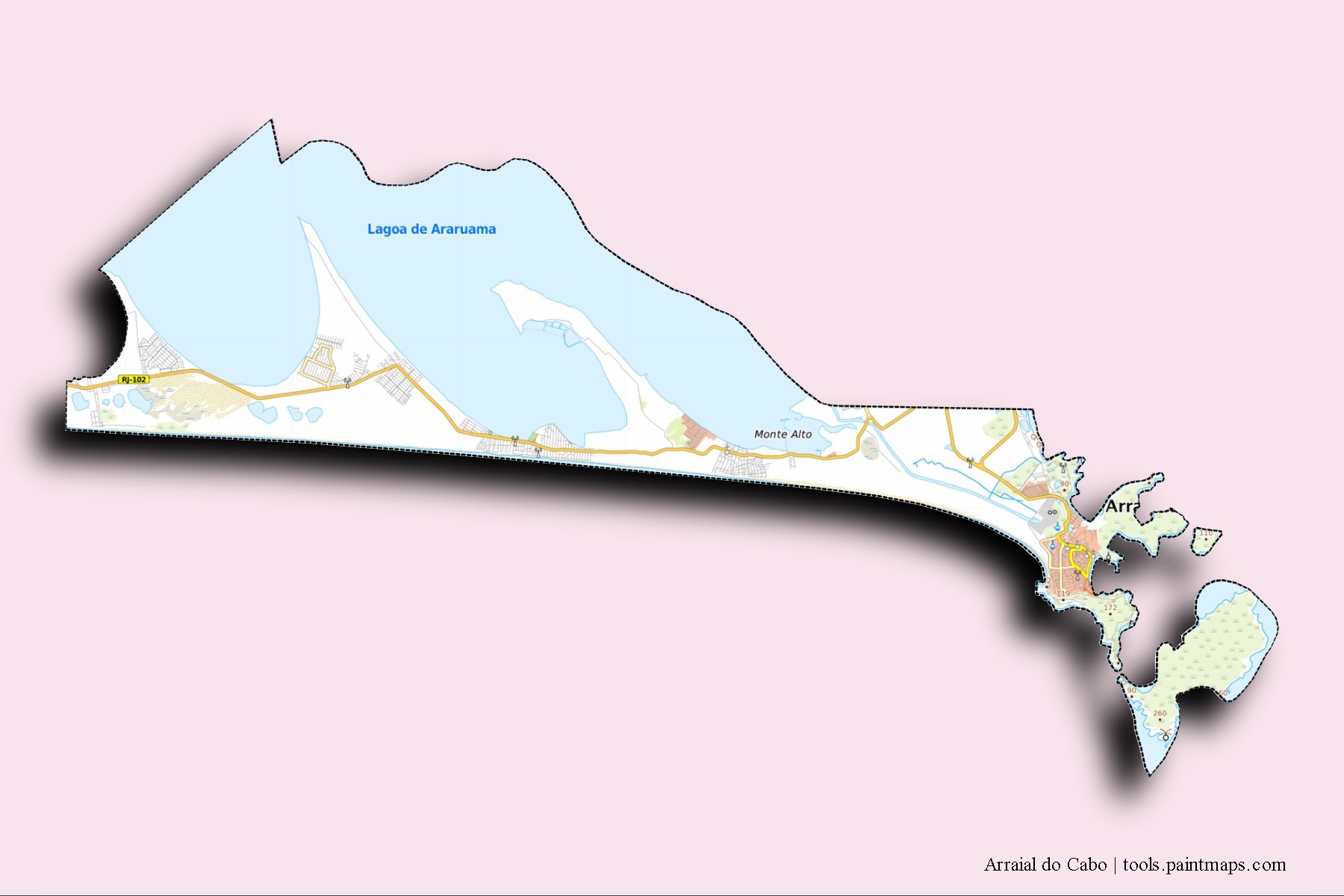 Arraial do Cabo neighborhoods and villages map with 3D shadow effect