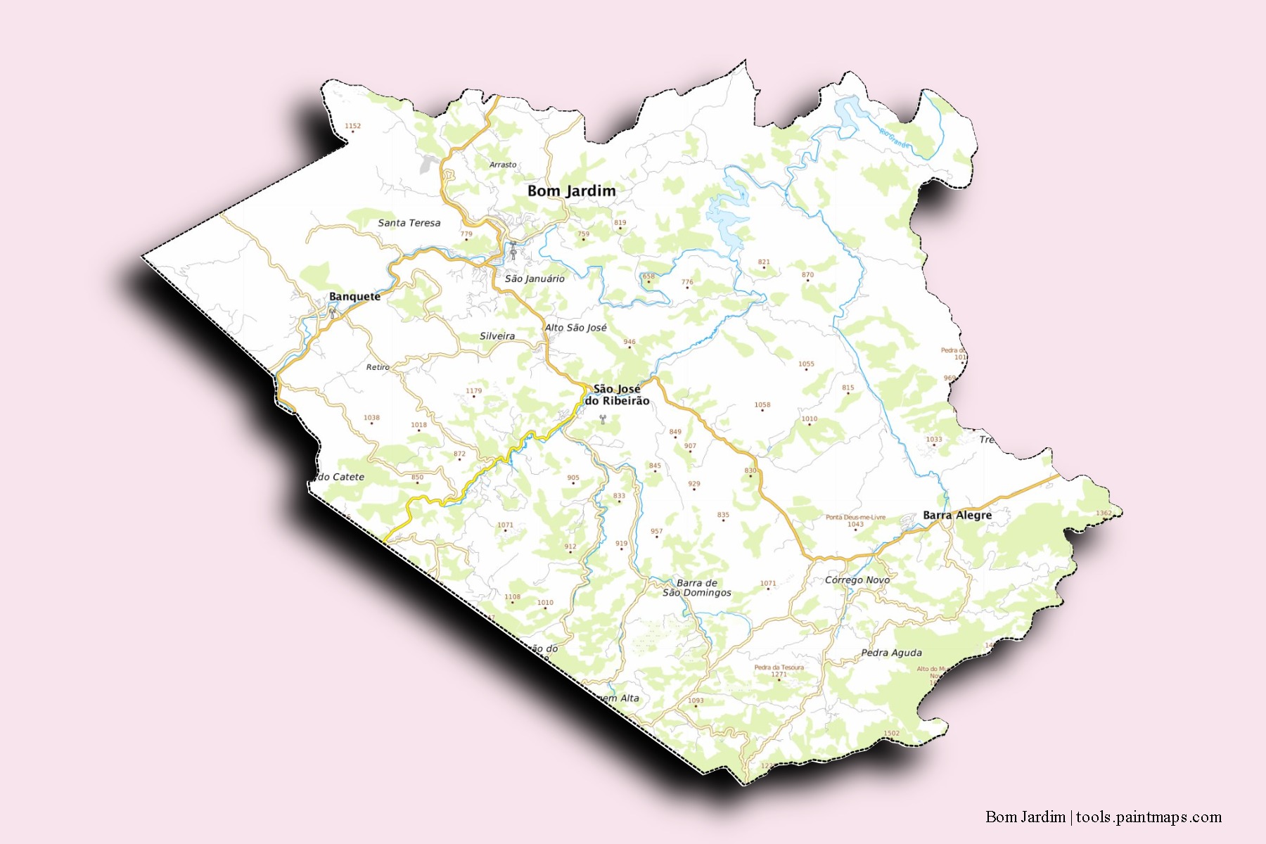 Mapa de barrios y pueblos de Bom Jardim con efecto de sombra 3D