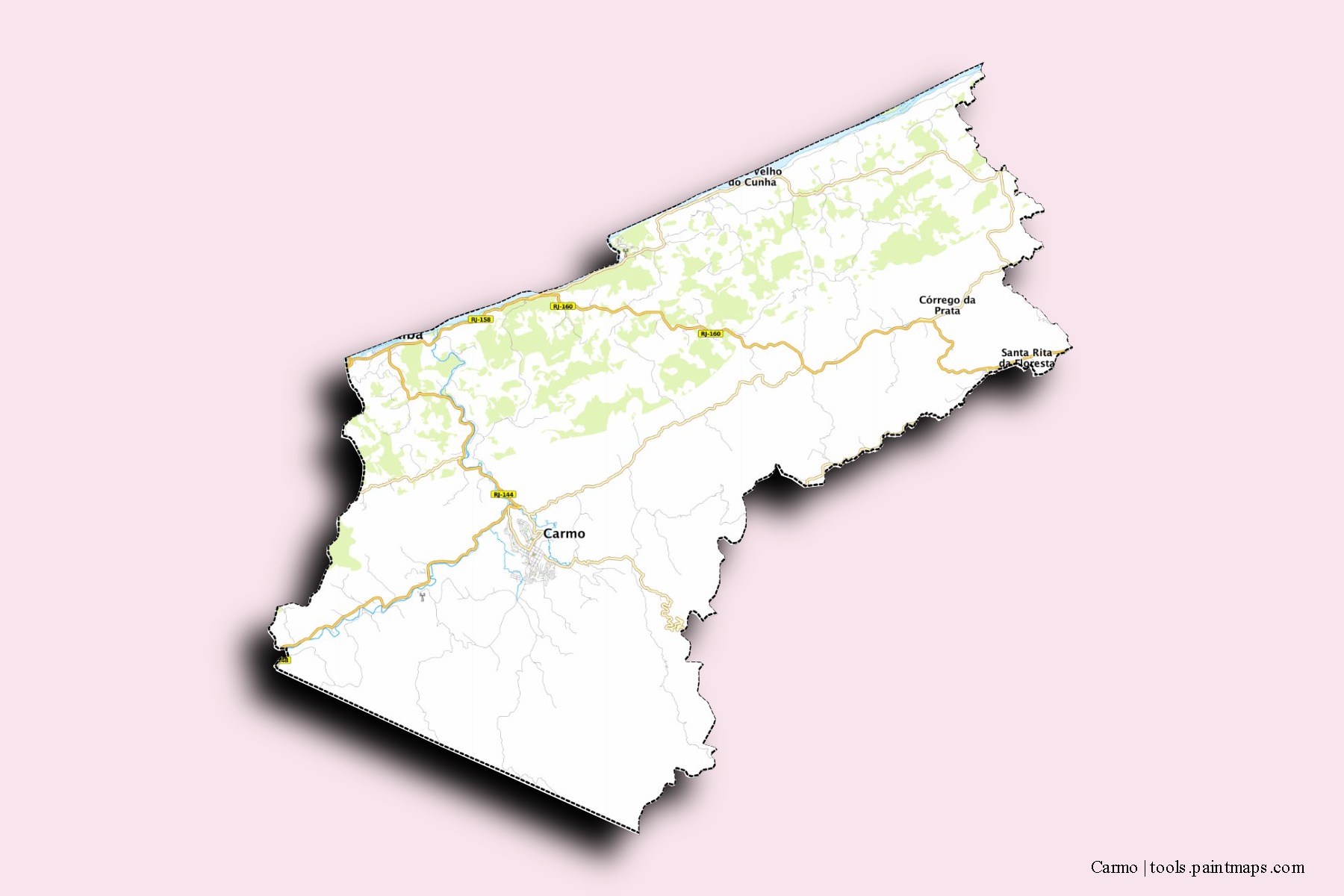 Mapa de barrios y pueblos de Carmo con efecto de sombra 3D