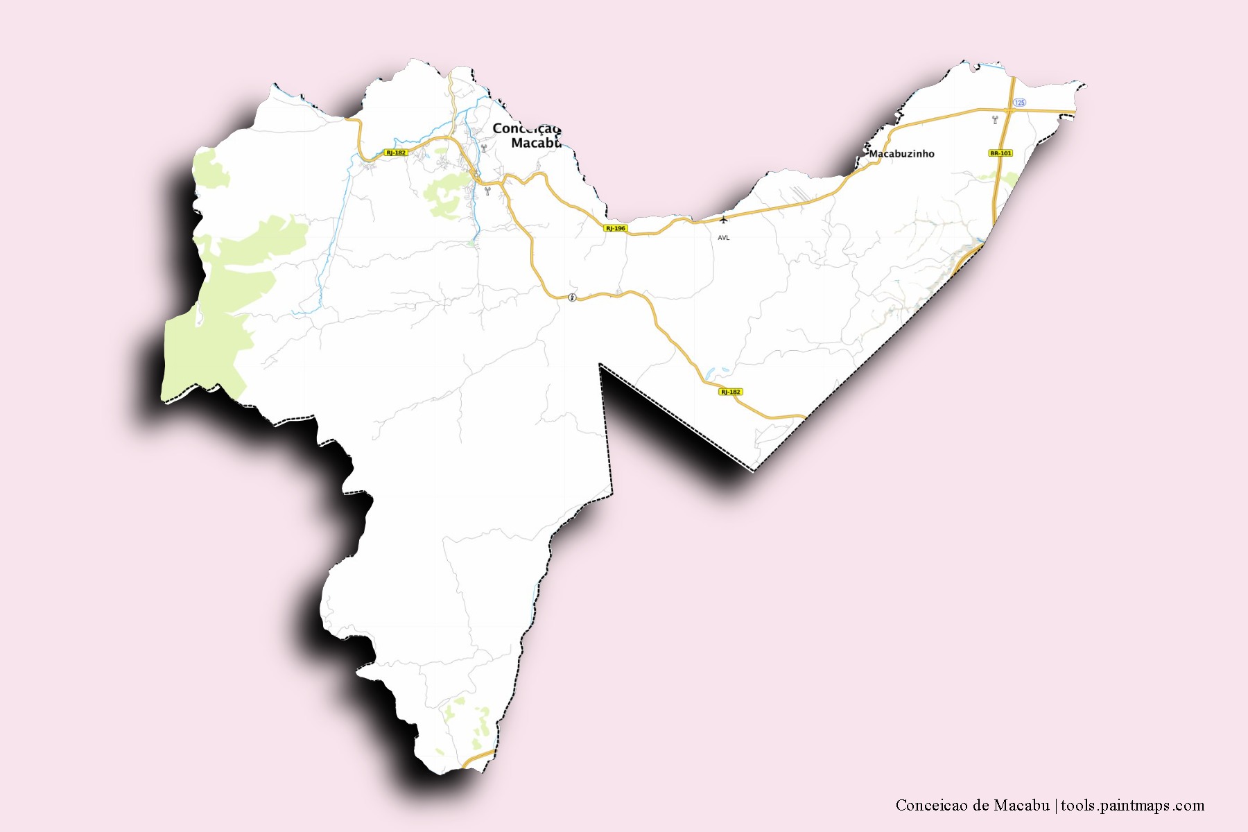 Mapa de barrios y pueblos de Conceicao de Macabu con efecto de sombra 3D