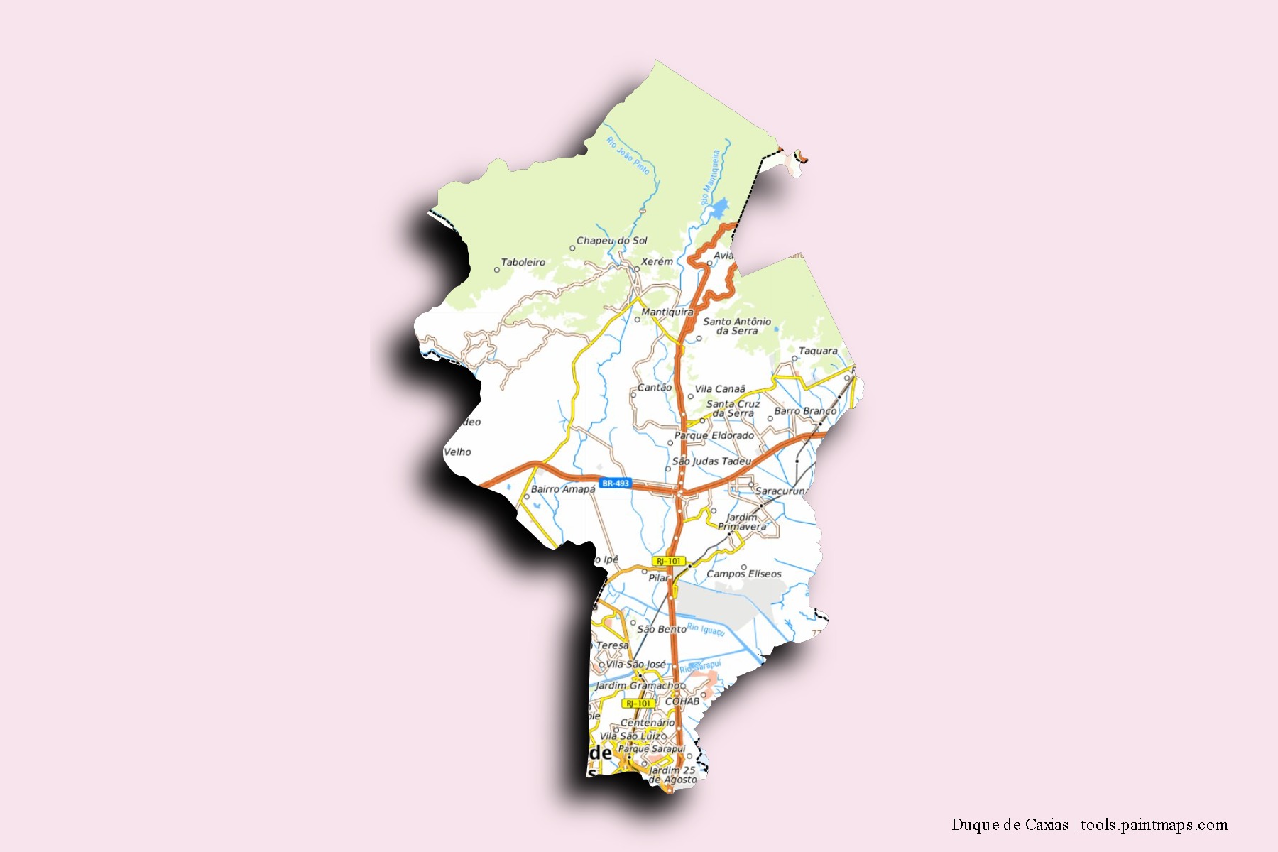 Mapa de barrios y pueblos de Duque de Caxias con efecto de sombra 3D