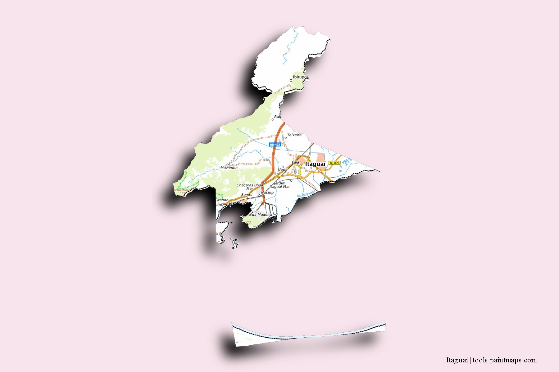 Mapa de barrios y pueblos de Itaguai con efecto de sombra 3D