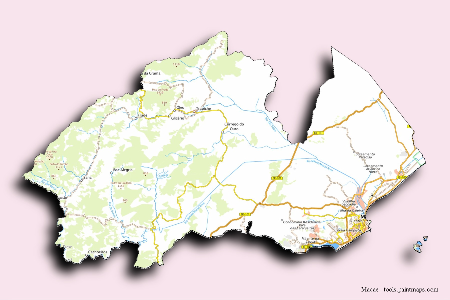 Mapa de barrios y pueblos de Macae con efecto de sombra 3D