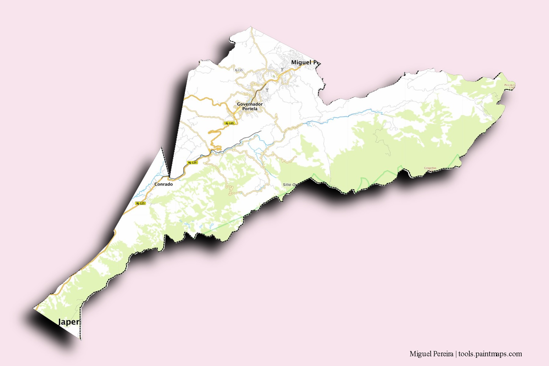 Mapa de barrios y pueblos de Miguel Pereira con efecto de sombra 3D