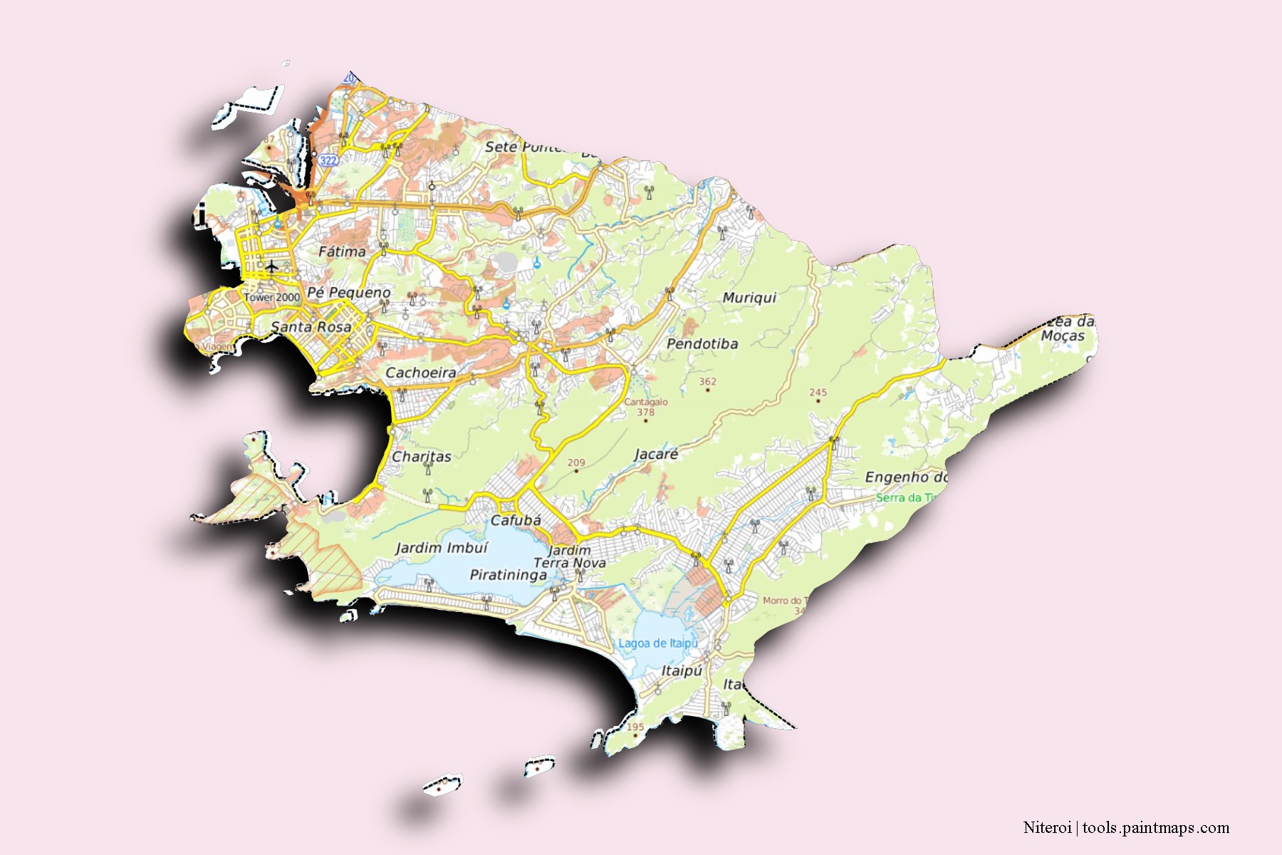 Mapa de barrios y pueblos de Niteroi con efecto de sombra 3D