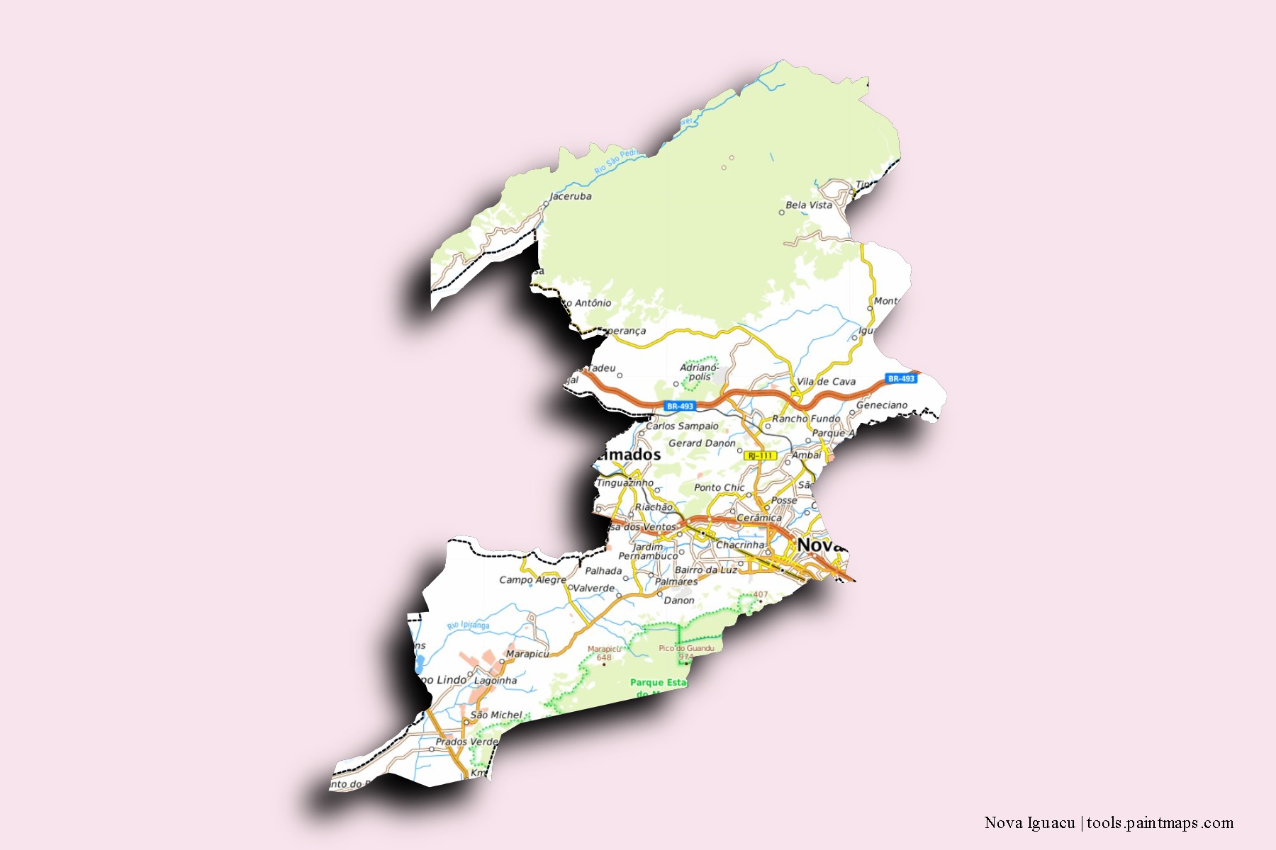 Mapa de barrios y pueblos de Nova Iguacu con efecto de sombra 3D