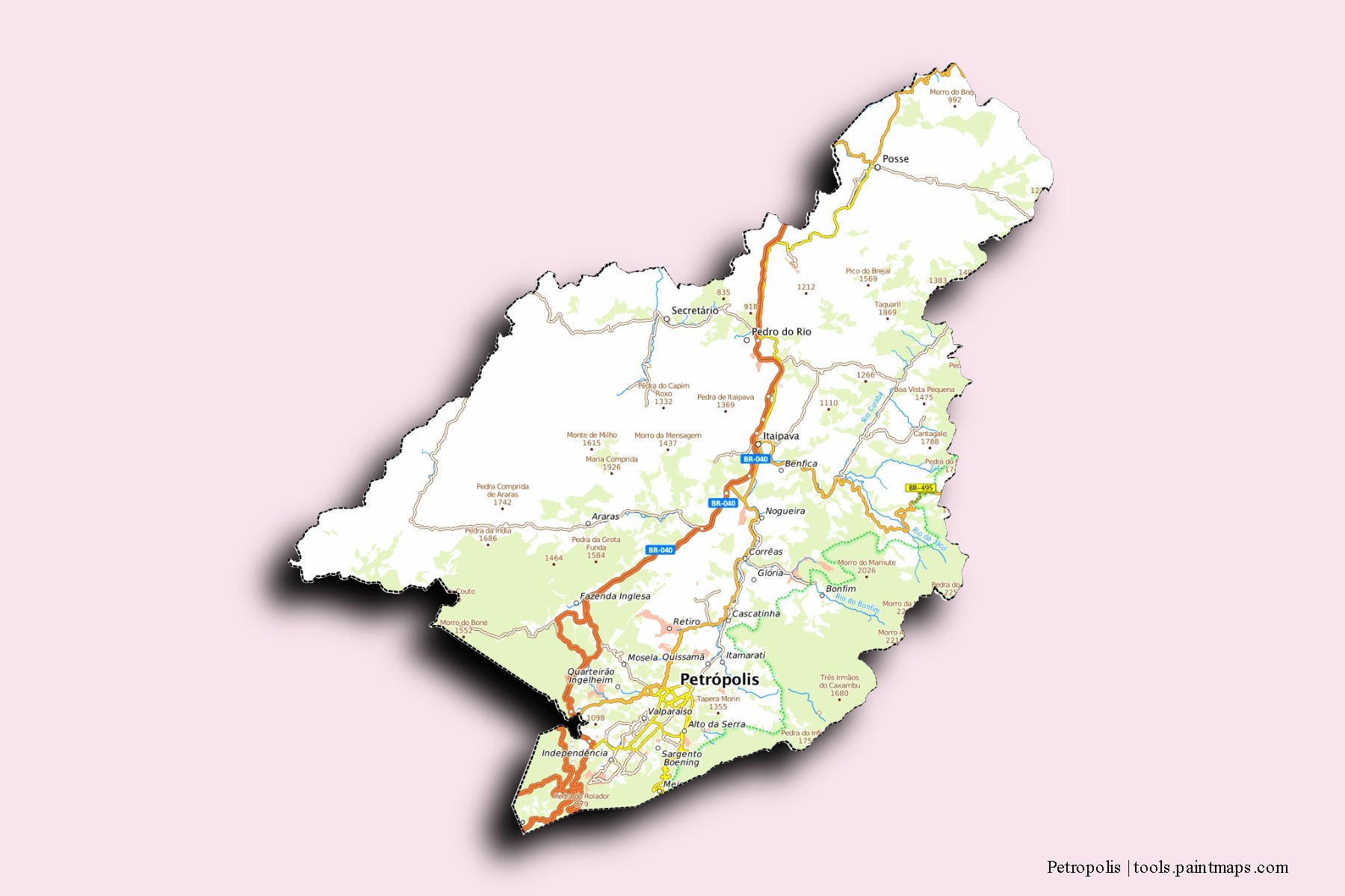 Mapa de barrios y pueblos de Petropolis con efecto de sombra 3D