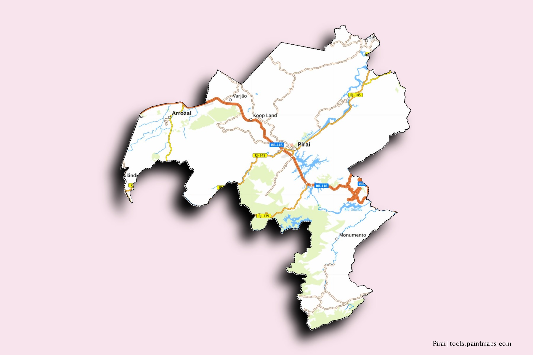 Mapa de barrios y pueblos de Pirai con efecto de sombra 3D