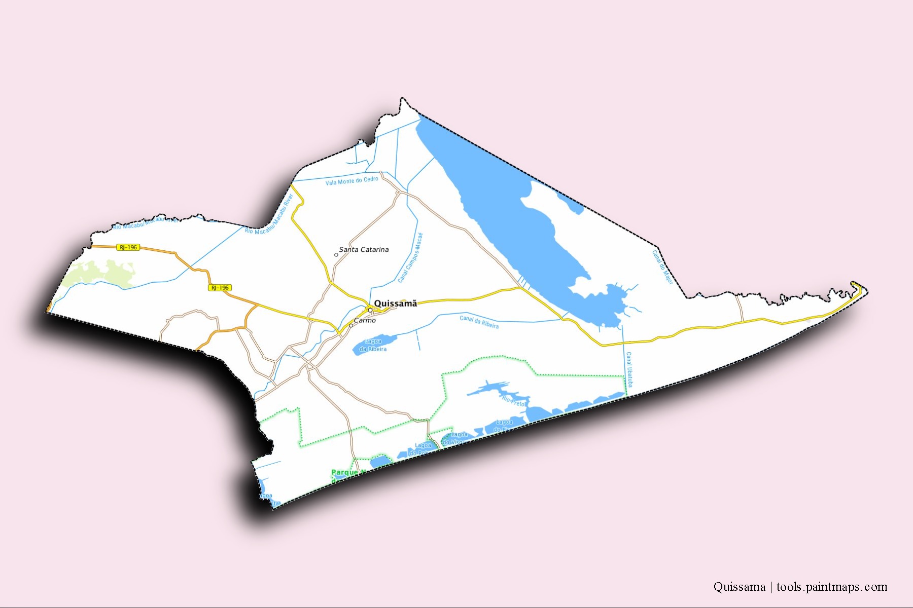 Mapa de barrios y pueblos de Quissama con efecto de sombra 3D