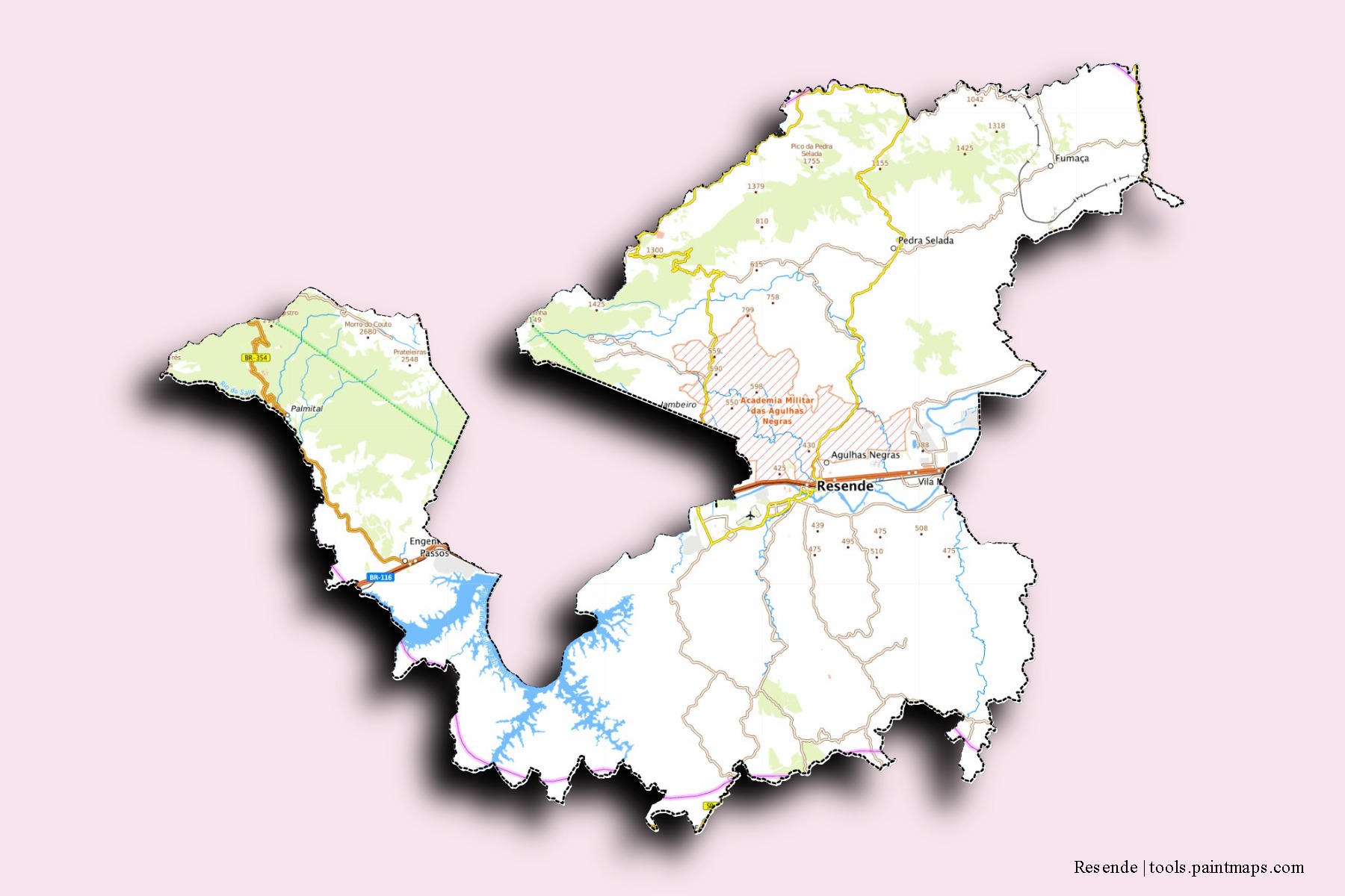 Resende neighborhoods and villages map with 3D shadow effect