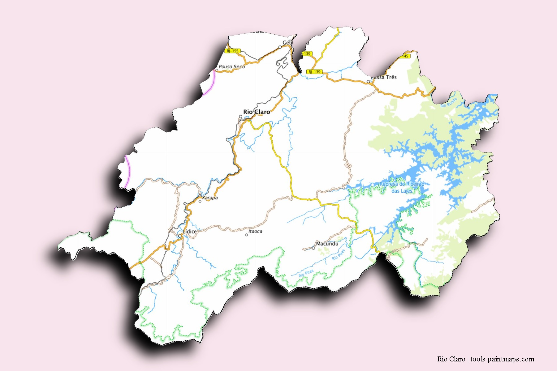 Rio Claro neighborhoods and villages map with 3D shadow effect