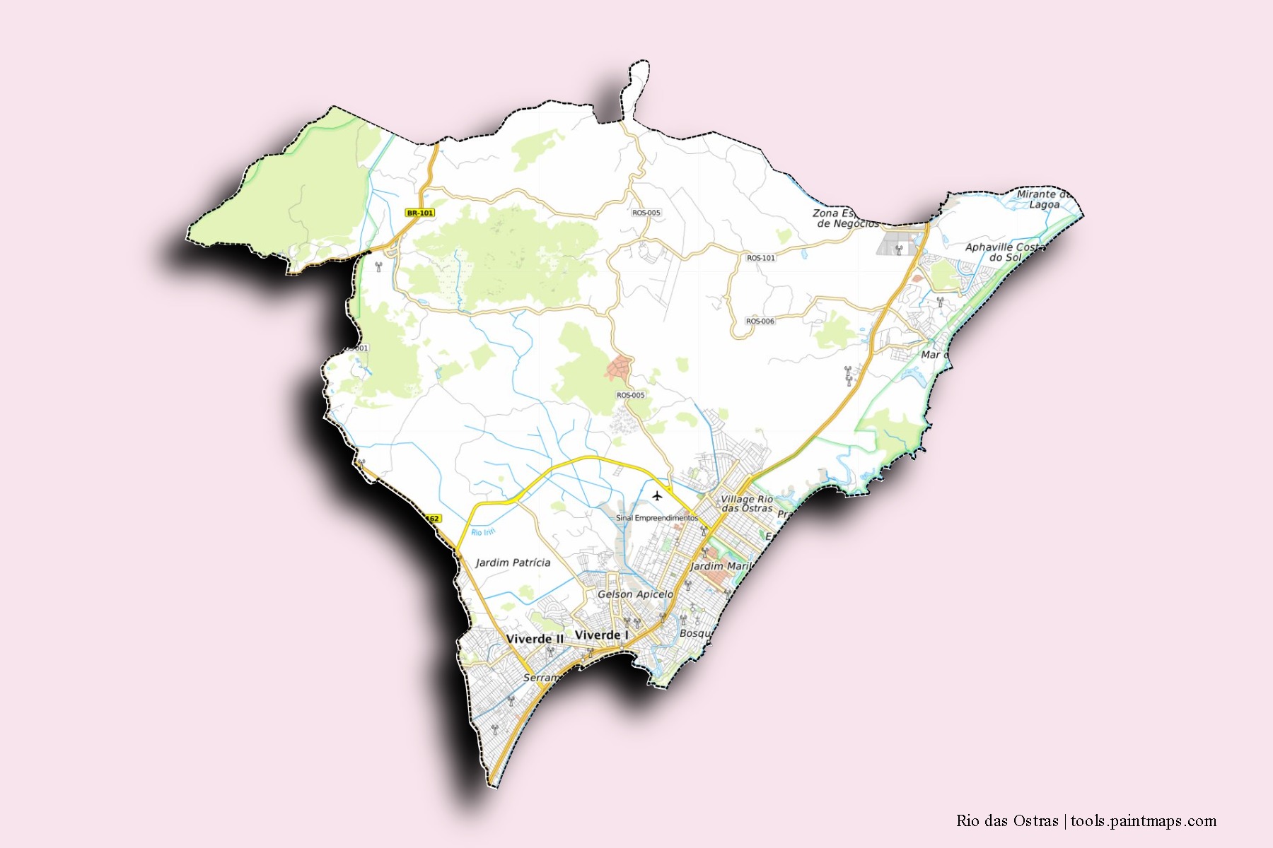 Mapa de barrios y pueblos de Rio das Ostras con efecto de sombra 3D