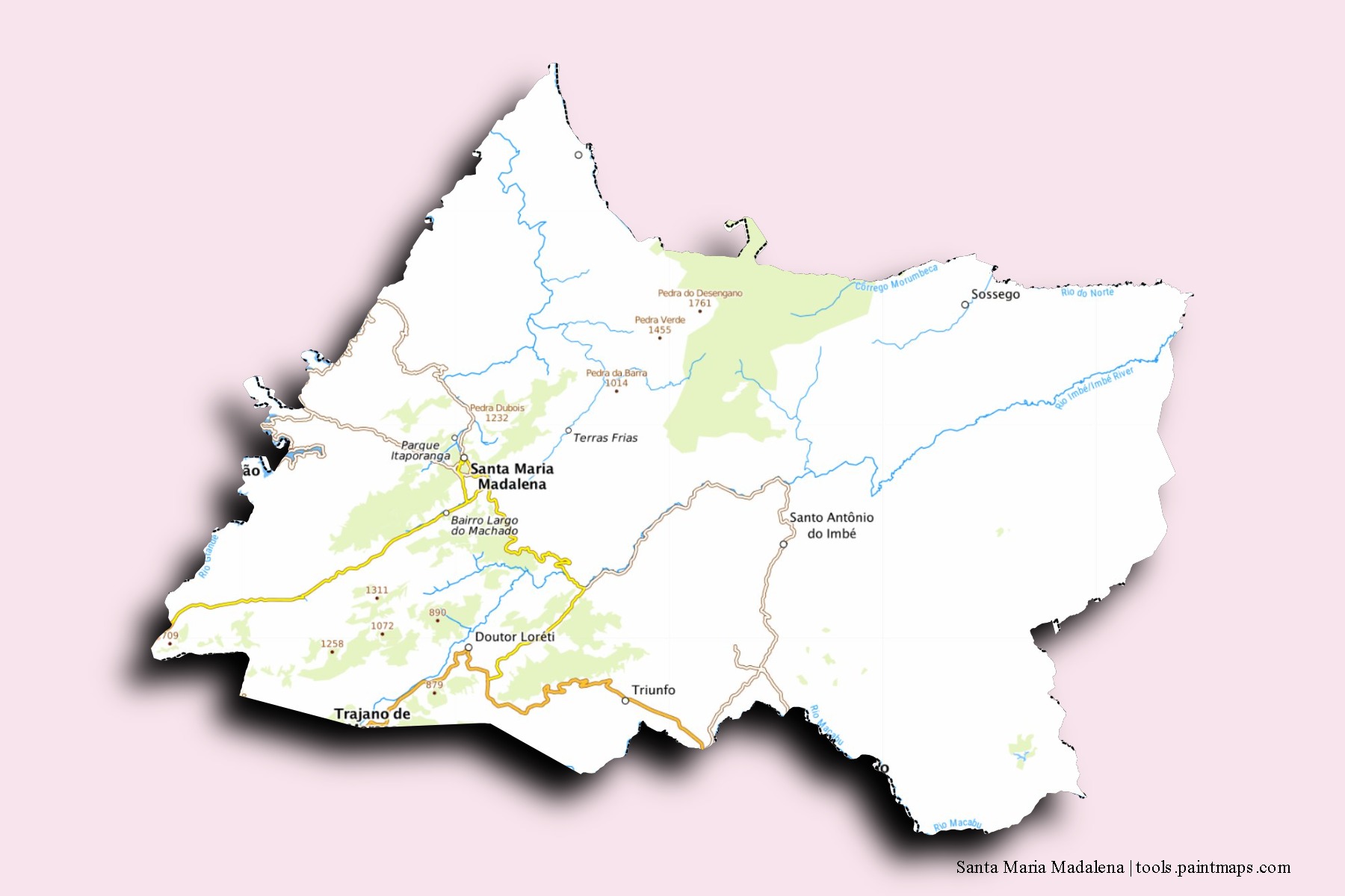 Santa Maria Madalena neighborhoods and villages map with 3D shadow effect