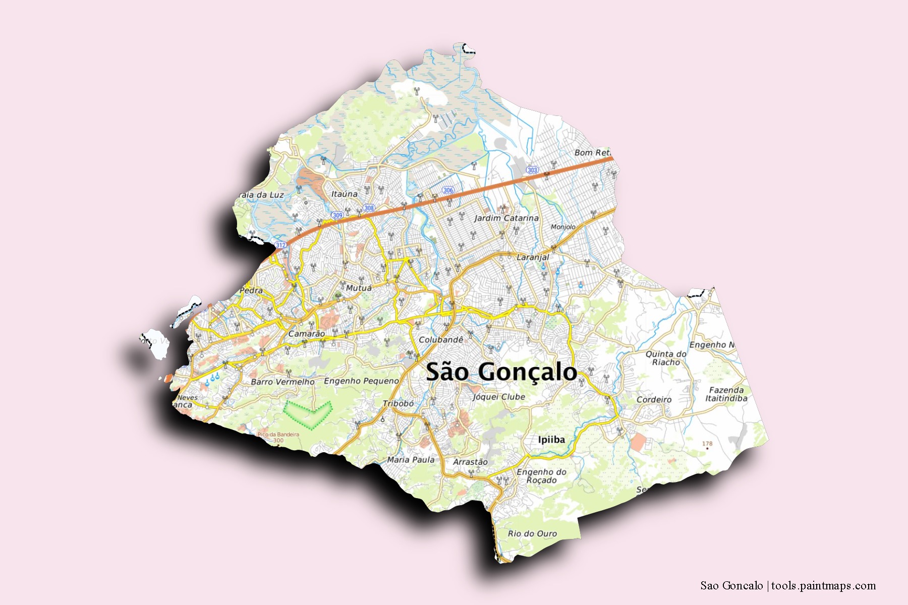 Mapa de barrios y pueblos de Sao Goncalo con efecto de sombra 3D