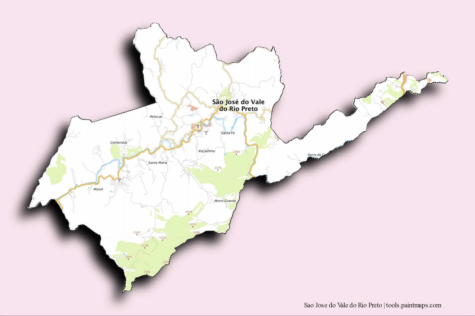 Mapa de barrios y pueblos de Sao Jose do Vale do Rio Preto con efecto de sombra 3D